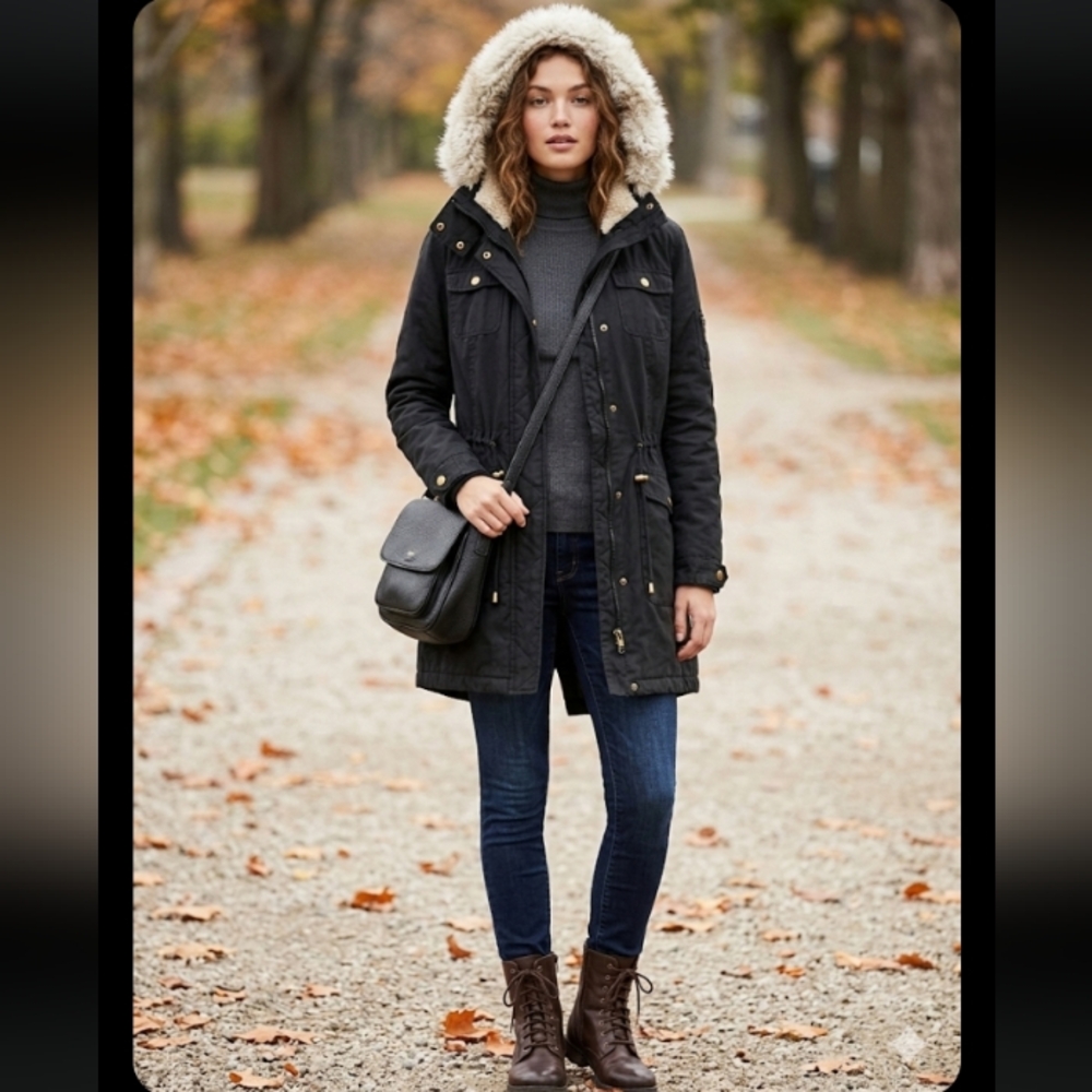Laundry by Design Black Hooded Puffer Parka with Faux-Fur Trim